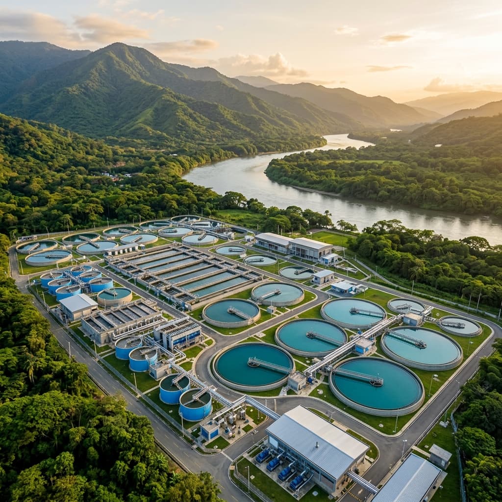 Vista aérea de una planta de tratamiento de agua con tanques circulares, junto a un río y rodeada de montañas